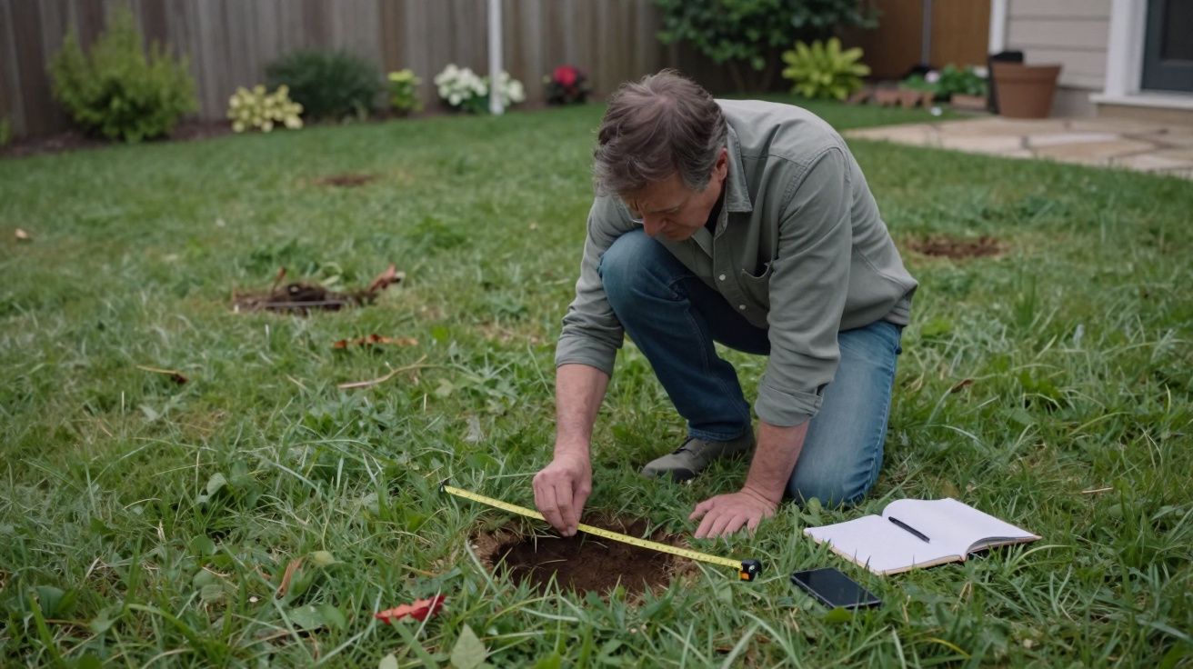 Hombre mide un hoyo en el césped con una cinta métrica, cuaderno y teléfono al lado en un jardín residencial.