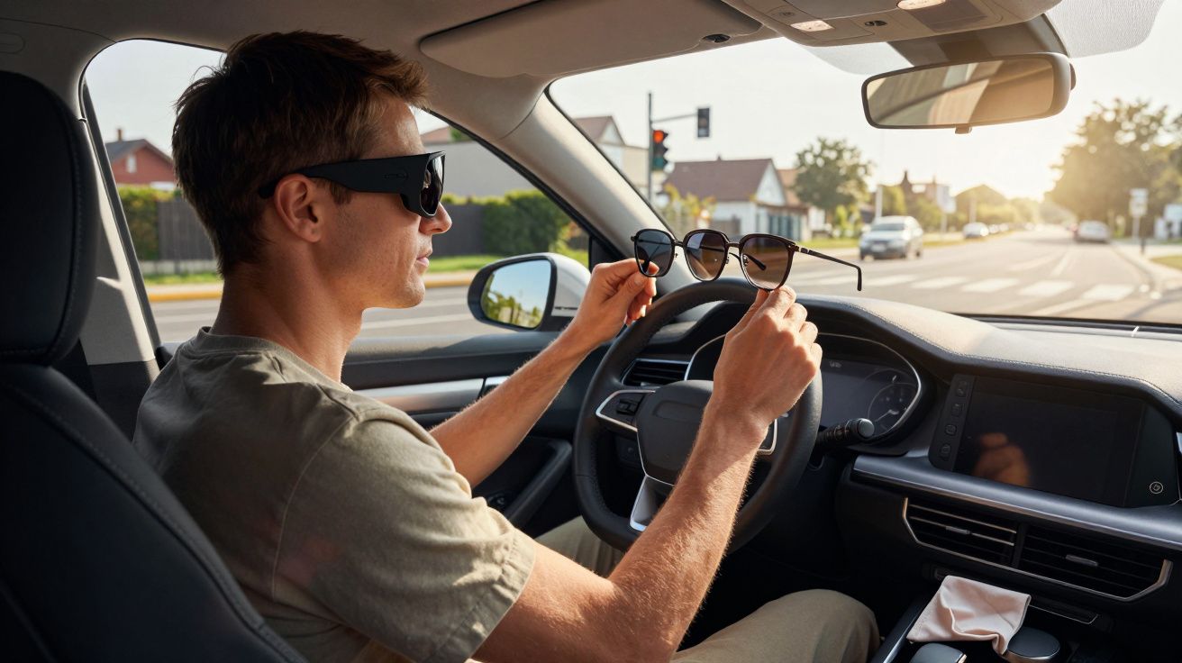 Hombre conduce un coche con gafas de sol, sostiene otro par en la mano, en un entorno urbano iluminado por el sol.