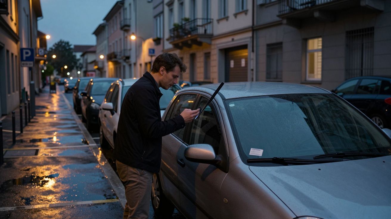 Hombre usando teléfono junto a coche estacionado en calle mojada al anochecer.