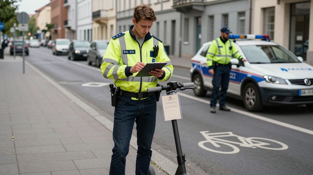 Policía en uniforme revisando un patinete eléctrico en la acera, con un coche patrulla al fondo en una calle urbana.