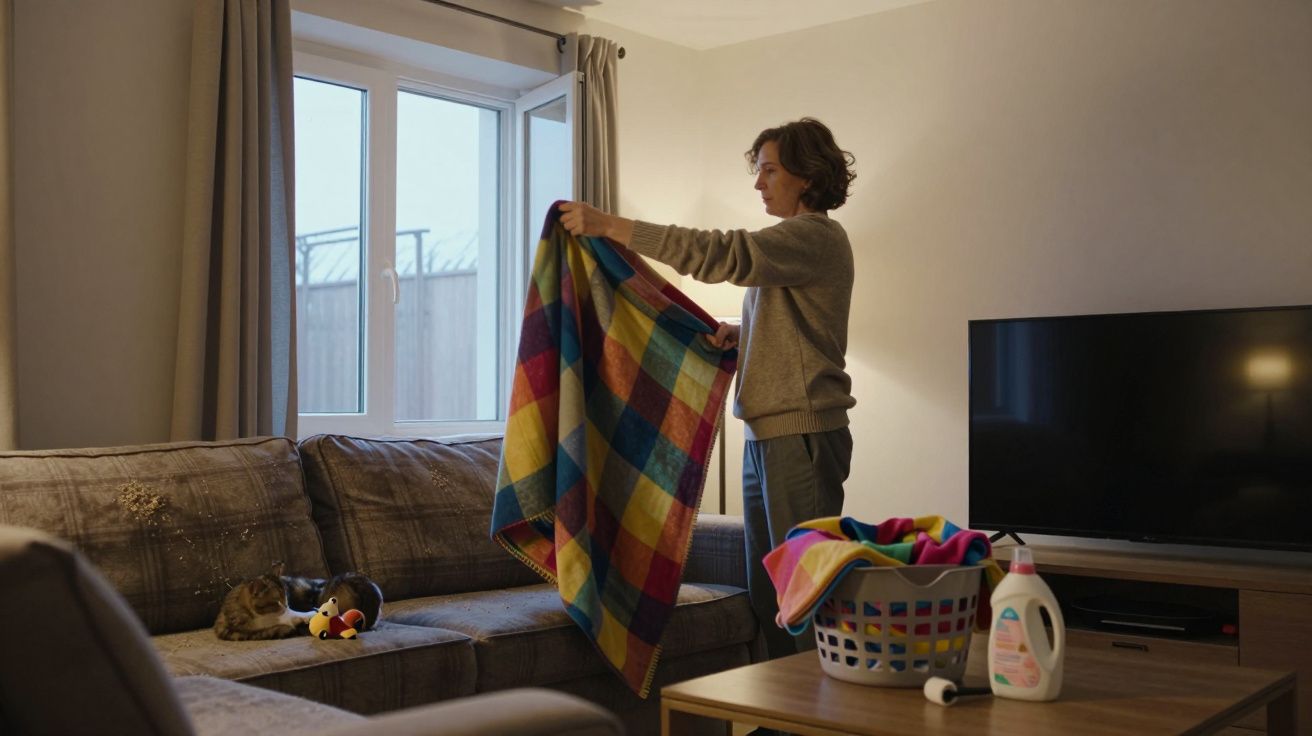 Persona extendiendo manta colorida en salón; cesta de lavandería y detergente en mesa, gato dormido en sofá.