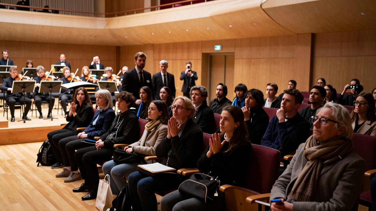 Personas sentadas en una audiencia aplaudiendo en una sala de conciertos, con músicos en el escenario al fondo.