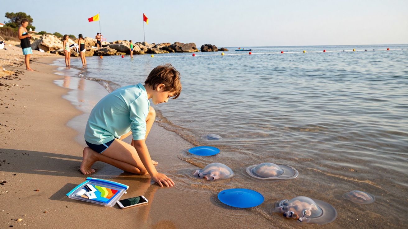 Niño en la playa observando medusas cerca del agua. Banderas rojas y amarillas ondean a lo lejos.
