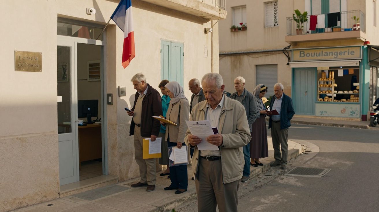 Personas haciendo fila en la entrada de un consulado francés junto a una panadería en una calle tranquila.