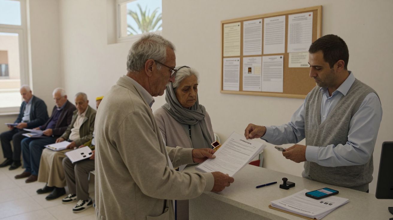 Personas mayores entregan documentos en mostrador de oficina, mientras otras esperan sentadas en fila en una sala luminosa.