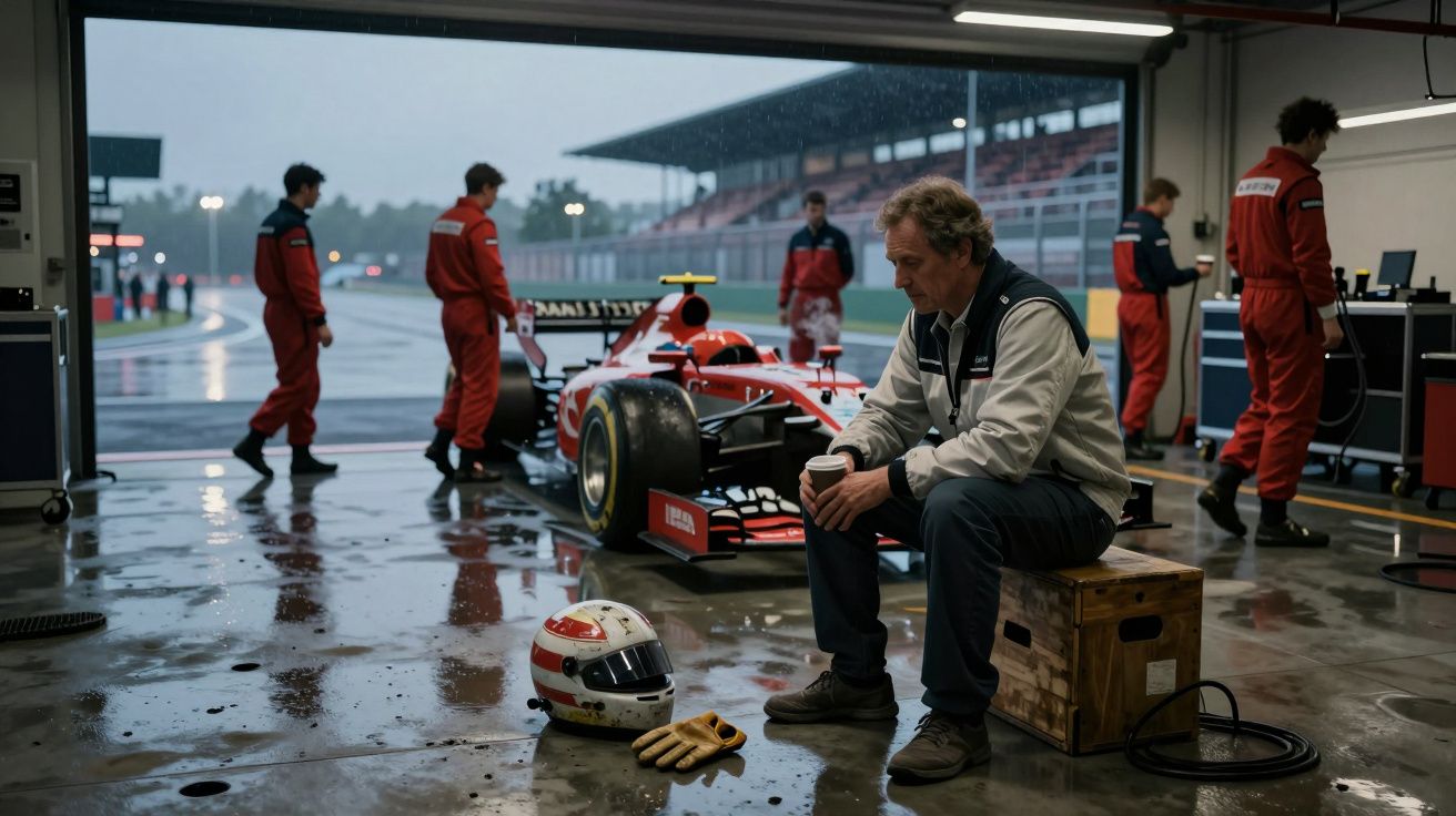 Hombre sentado en garaje de carreras, casco y guantes sobre caja; coche de Fórmula 1 detrás, equipo trabajando.