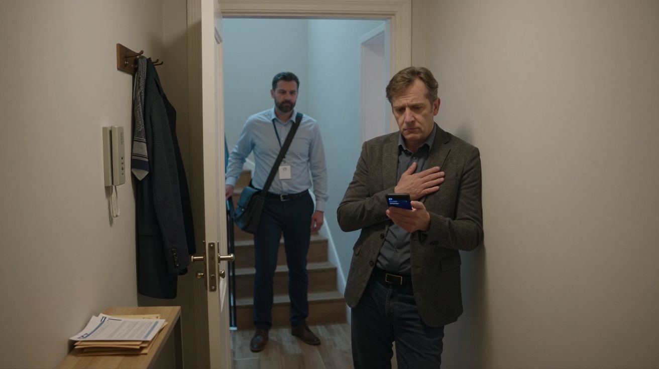 Hombre con móvil y otro entra en la habitación, donde cuelga un abrigo en la pared. Mesa con documentos a la izquierda.