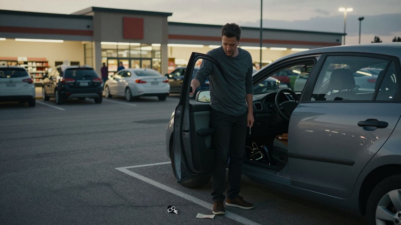 Hombre al lado de un coche en un aparcamiento, con dinero caído en el suelo cerca de la puerta abierta del vehículo.