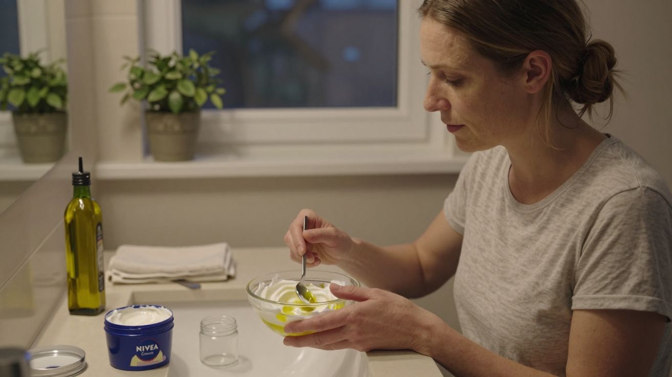 Mujer en el baño mezclando crema en un bol junto a productos cosméticos y frasco de aceite, planta al fondo.
