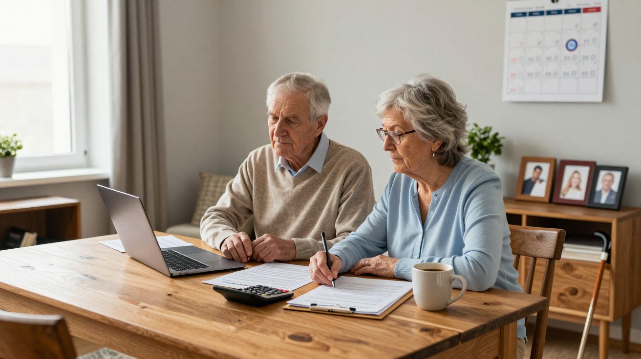 Pareja de ancianos en casa revisando documentos frente al portátil, con una calculadora y una taza en la mesa.