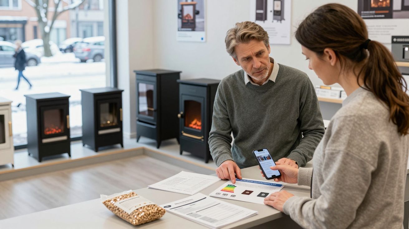 Hombre y mujer discutiendo sobre estufas delante de una mesa con documentos y un móvil en una tienda de electrodomésticos.