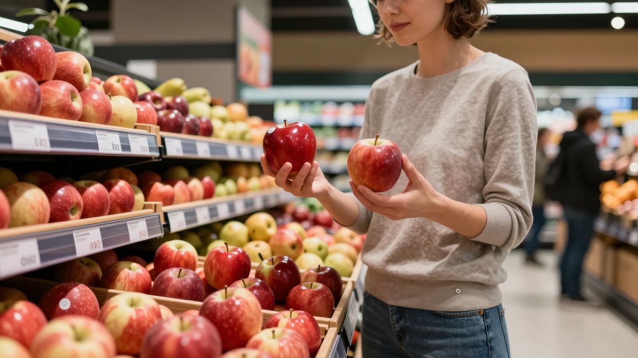 Persona en supermercado eligiendo entre dos manzanas rojas.