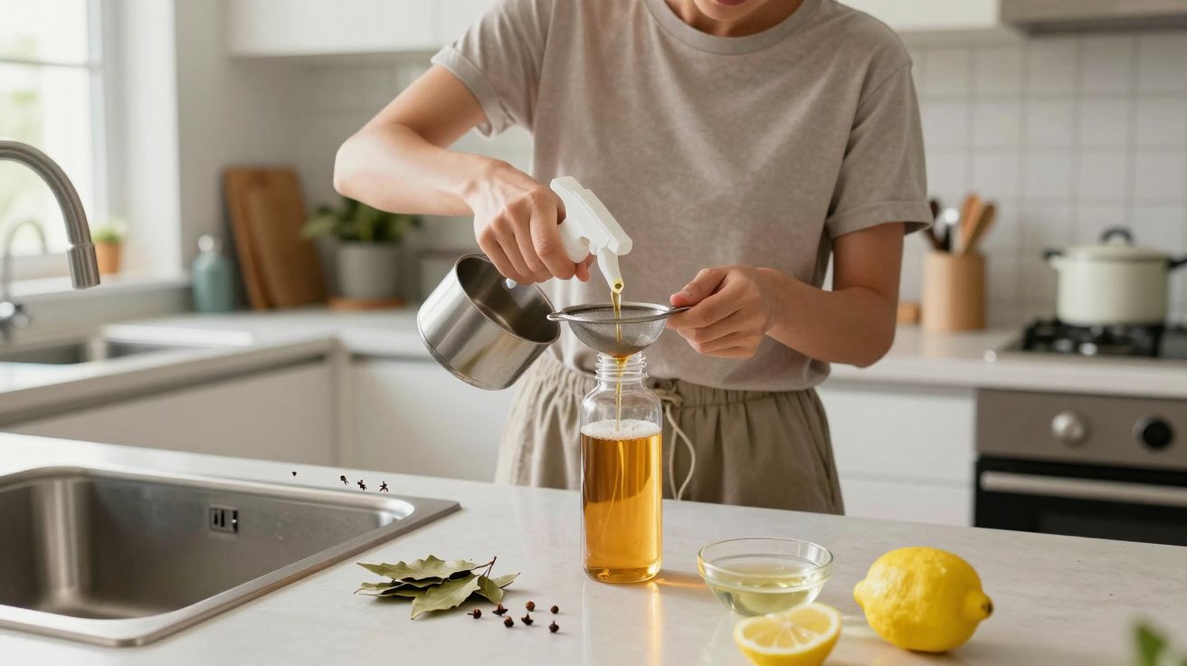 Persona filtrando líquido en una cocina moderna con limones y laurel sobre la encimera blanca.