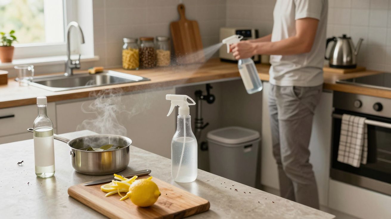 Persona limpiando una cocina moderna con spray, frente a una encimera con utensilios y alimentos.