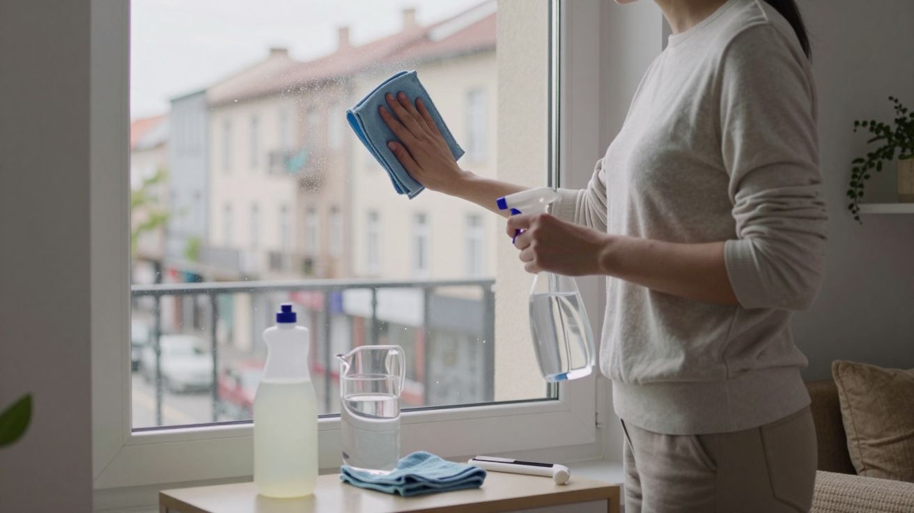 Persona limpiando una ventana con un trapo y rociador; al fondo, se ven edificios borrosos a través del cristal.