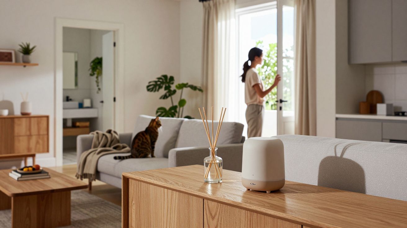 Mujer abriendo una puerta, gato en sofá, interior moderno con muebles de madera y planta.