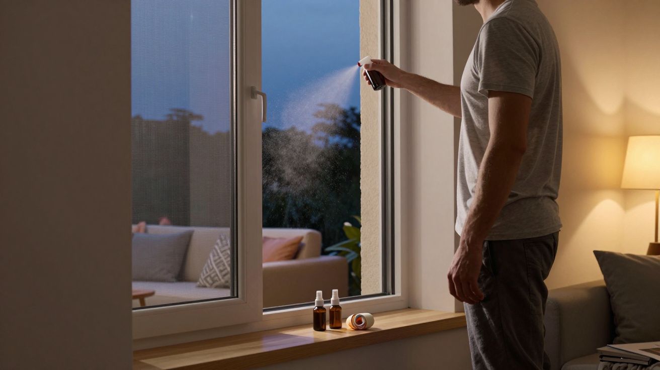 Hombre rociando aerosol en la ventana durante el atardecer, con botellas en el alféizar y lámpara encendida al fondo.