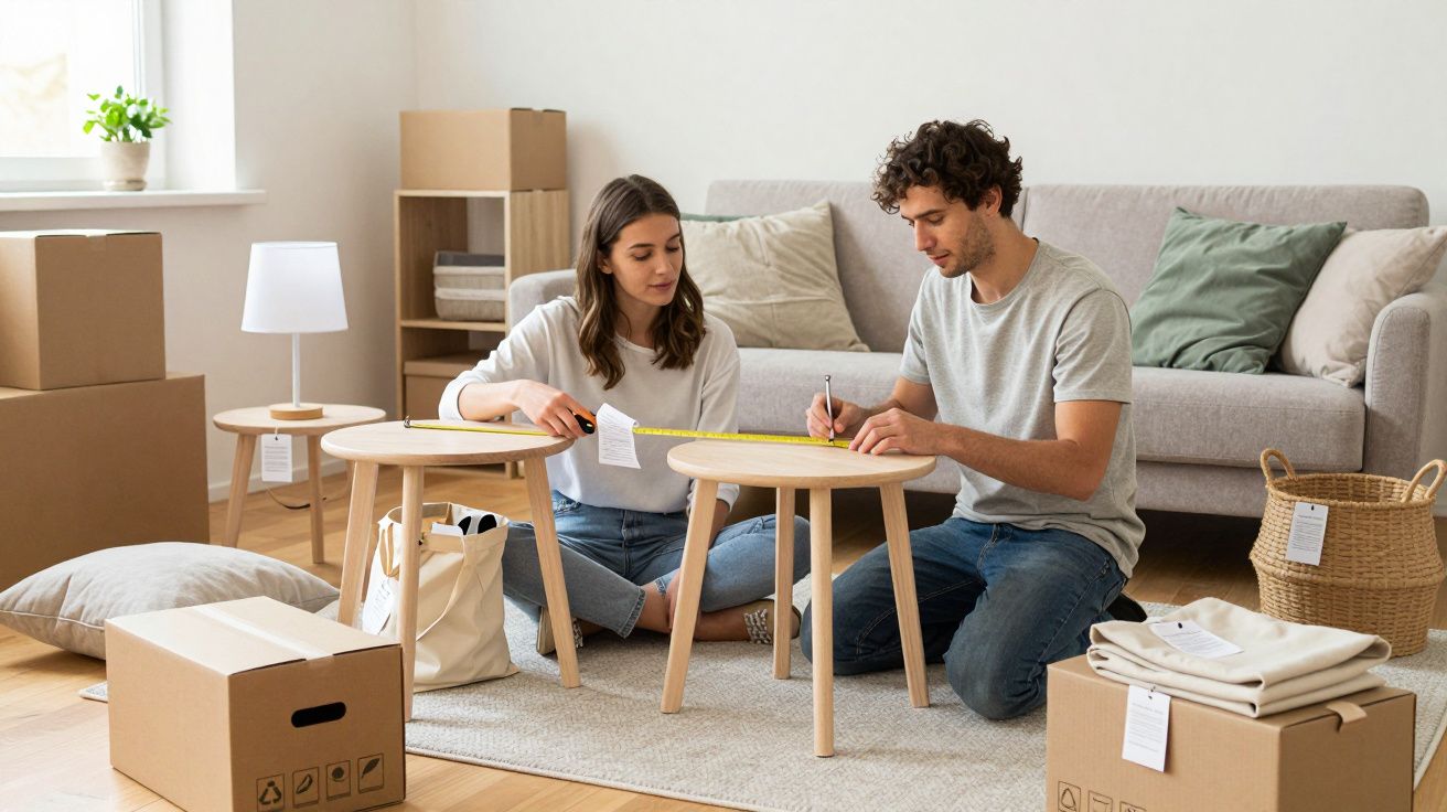 Pareja midiendo mesas en un salón con cajas de mudanza y muebles sencillos.
