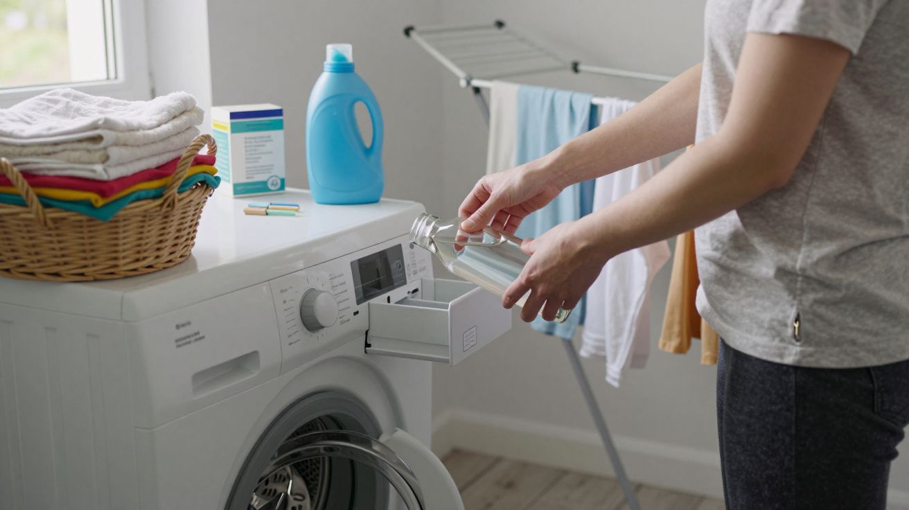 Persona añadiendo detergente a lavadora con ropa en cesto y tendedero al fondo.