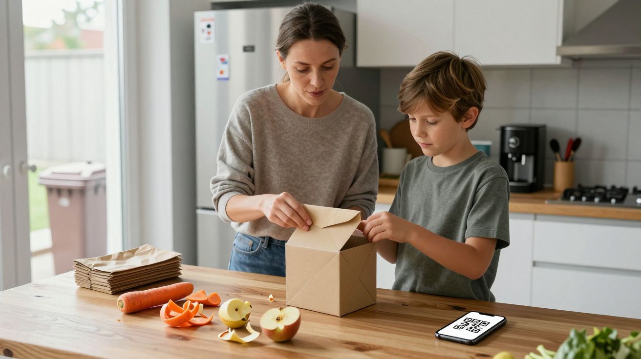 Mujer y niño en la cocina preparando una caja de cartón. Sobras de frutas y verduras sobre la mesa.