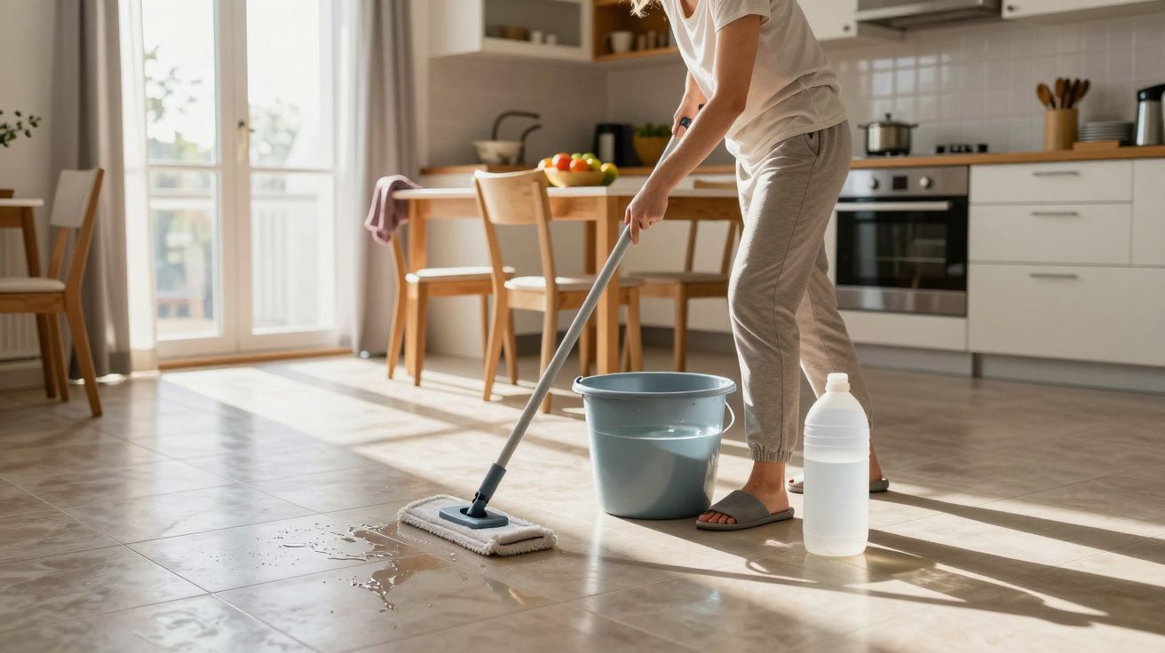 Persona limpiando el suelo de una cocina con una fregona, junto a un cubo azul y una botella de detergente.