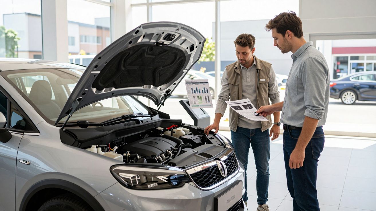 Dos hombres revisan un coche con el capó abierto en un concesionario.