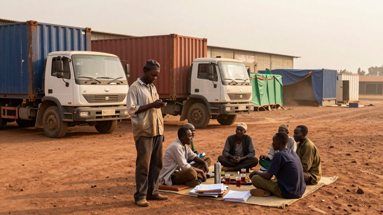 Grupo de hombres reunidos sobre una esterilla en un terreno de tierra, con camiones de fondo.