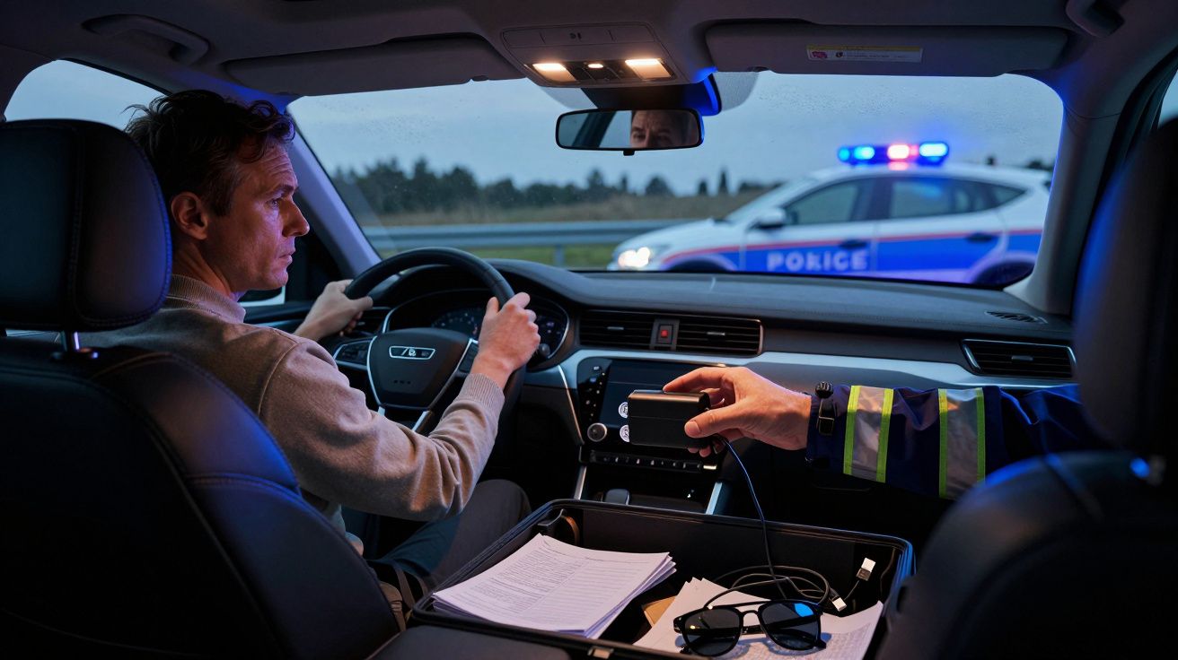 Conductor detenido por la policía en un control de carretera; oficial entrega dispositivo en el coche.