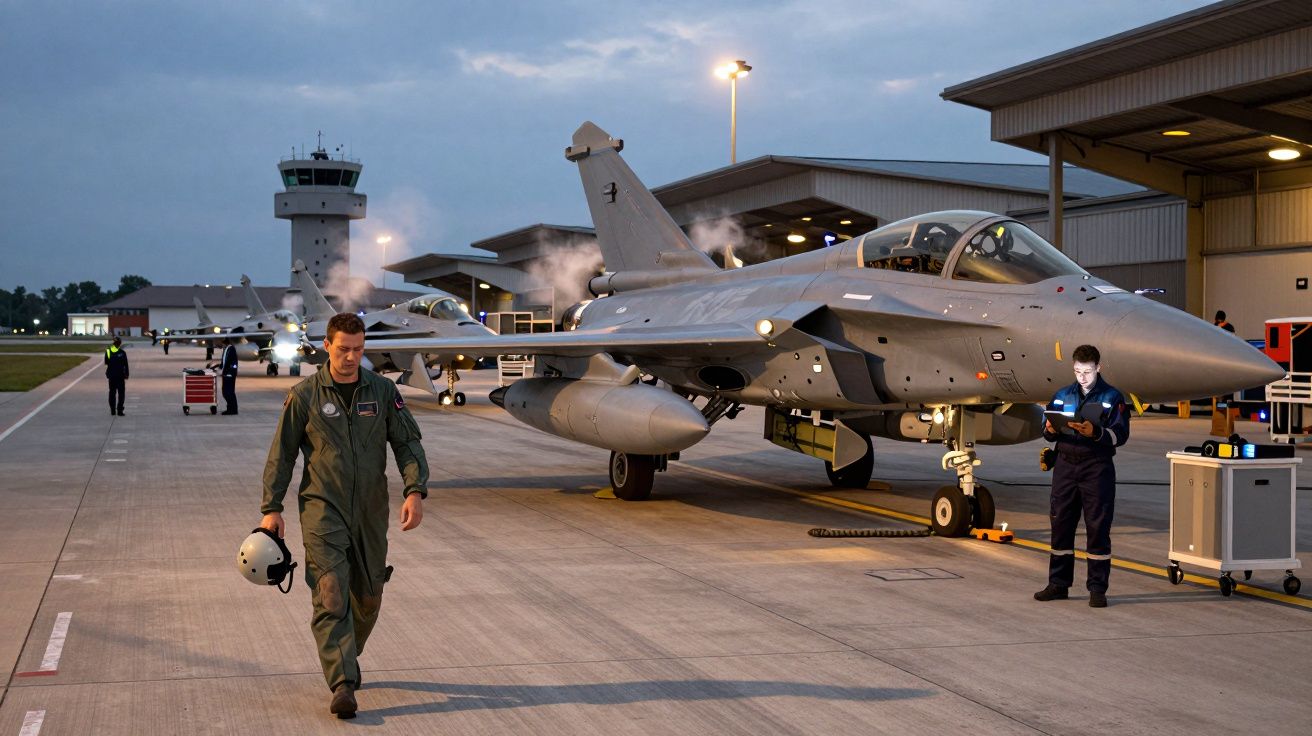 Piloto caminando junto a un caza Eurofighter Typhoon en una base aérea, con personal de mantenimiento al fondo.