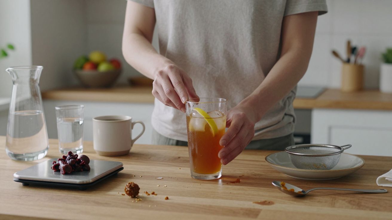 Persona preparando bebida de té con una rodaja de limón en una cocina, con frutas, jarra y taza en la encimera.