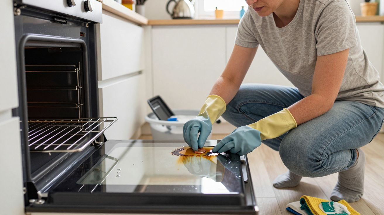 Persona limpiando un horno con guantes de goma en una cocina moderna.