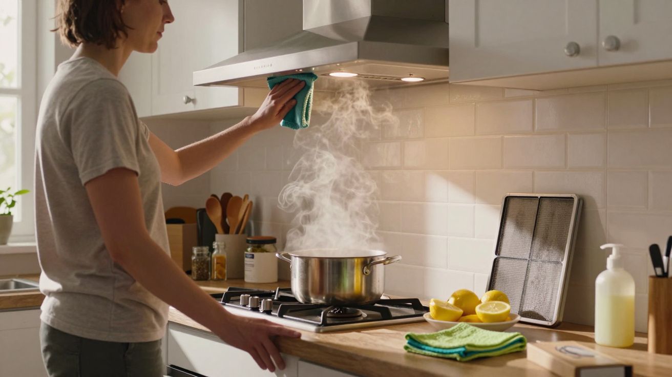 Persona limpiando una campana extractora mientras una olla humeante está en la estufa. Vajilla y limones en la encimera.