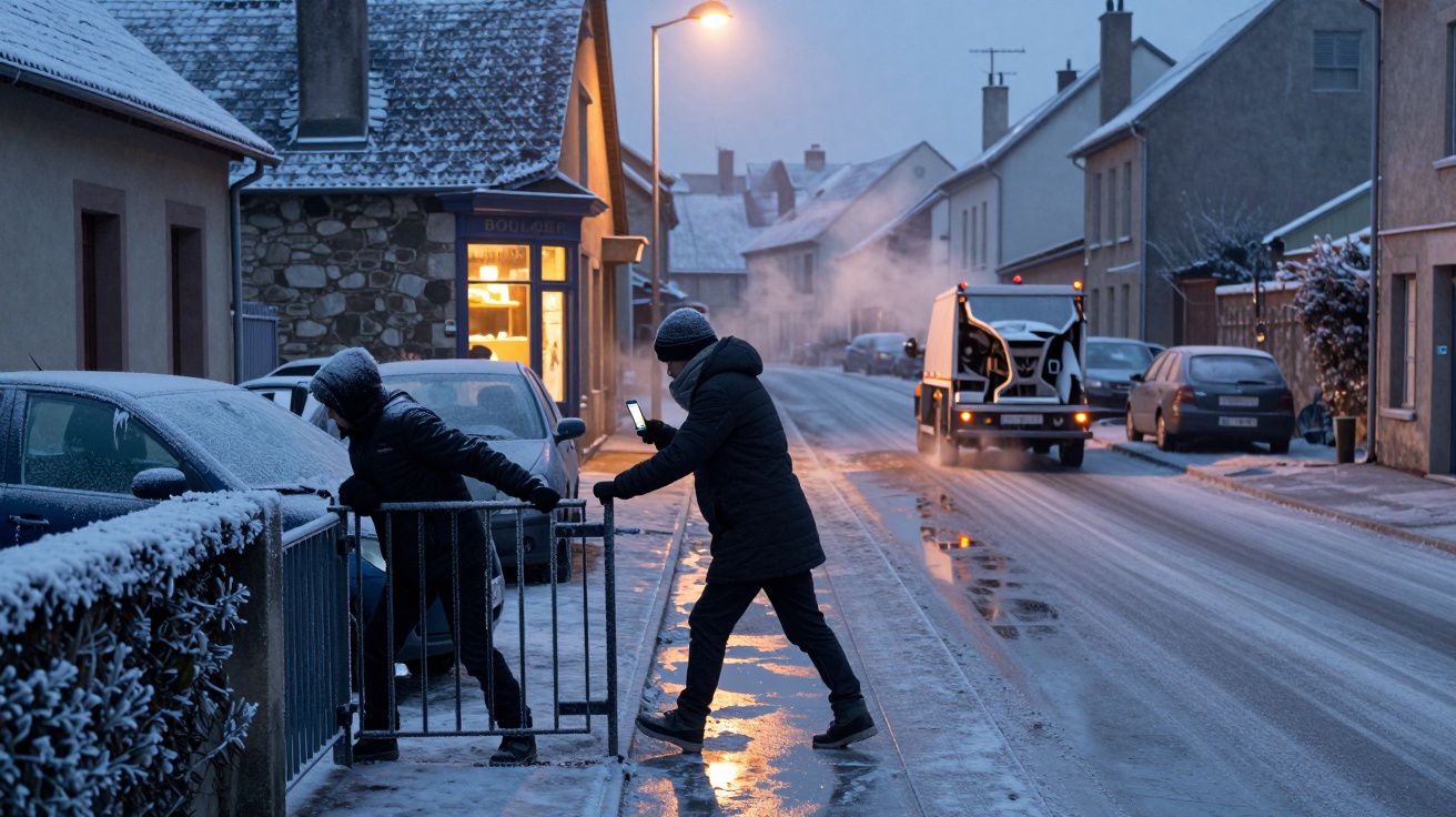 Personas caminando en una calle nevada al anochecer, junto a una panadería iluminada y un quitanieves.