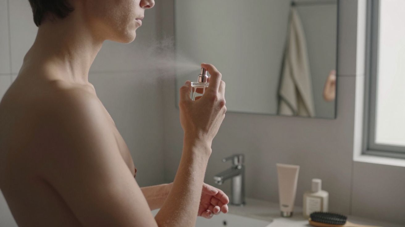 Persona aplicándose perfume frente al espejo en un baño moderno.