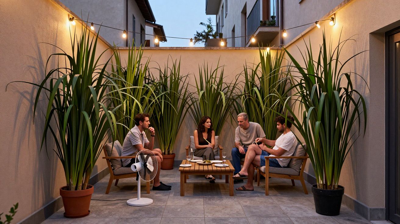 Cuatro personas conversan sentadas en un patio rodeado de plantas altas, al anochecer, con luces colgantes.