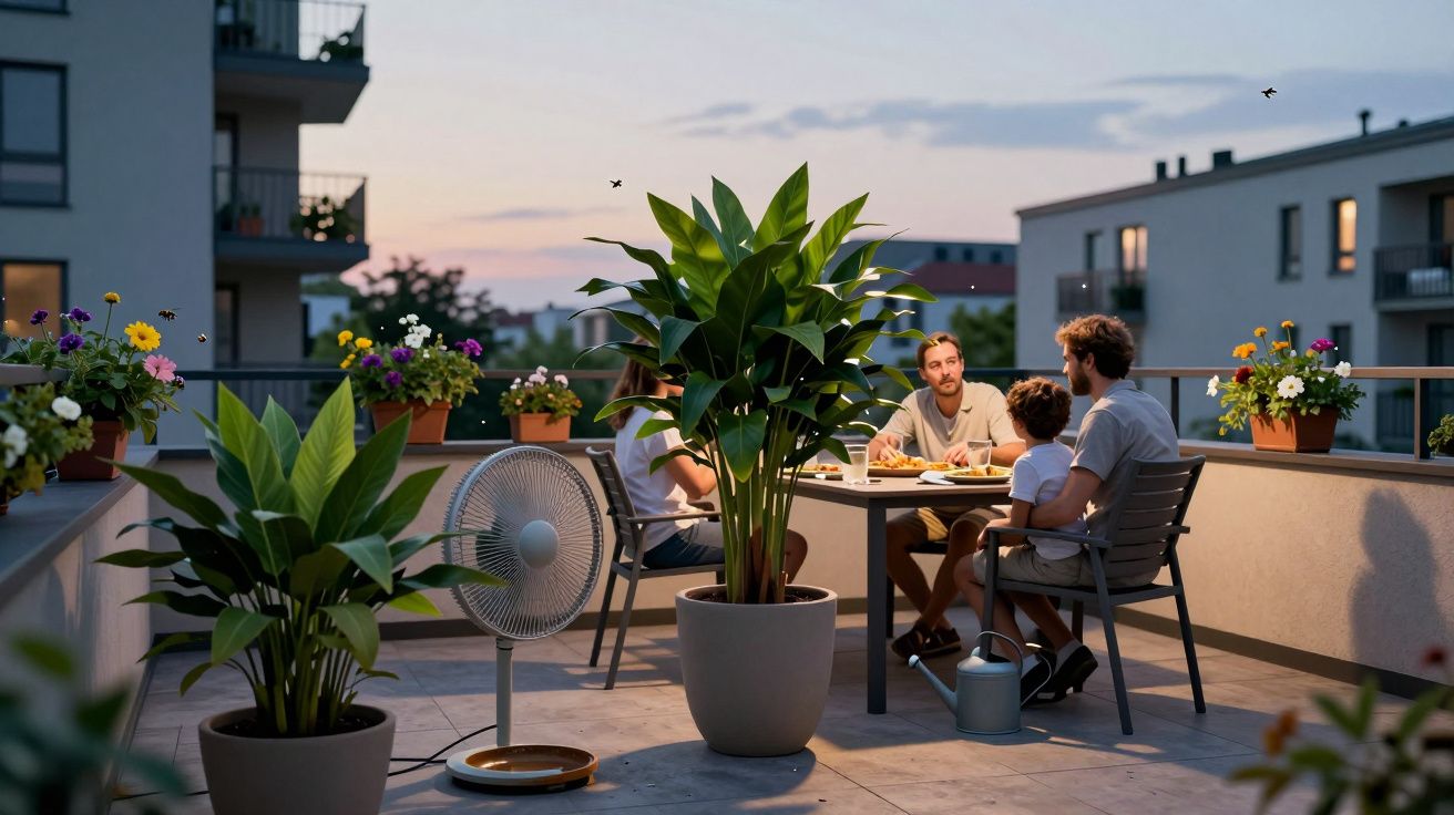 Familia cenando al aire libre en una terraza con plantas y flores, al atardecer en un entorno urbano.