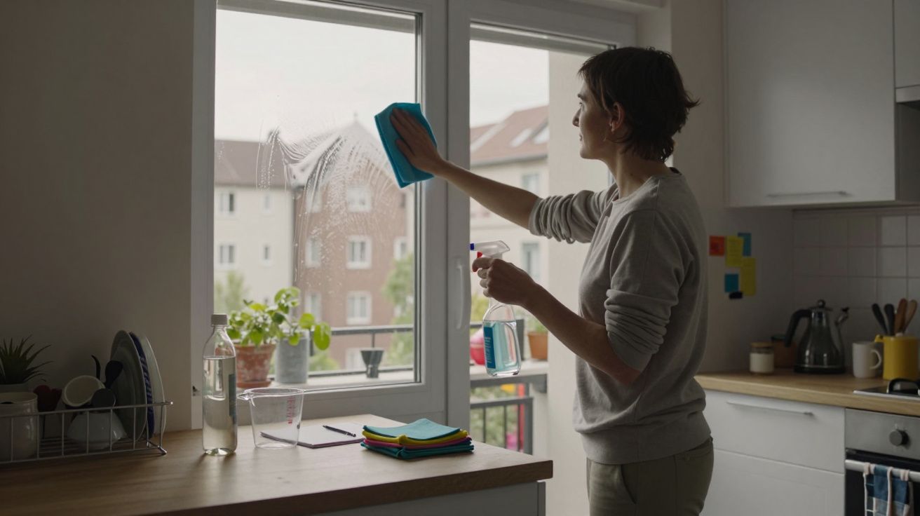 Persona limpiando una ventana en una cocina luminosa, con plantas en el alféizar y utensilios organizados.