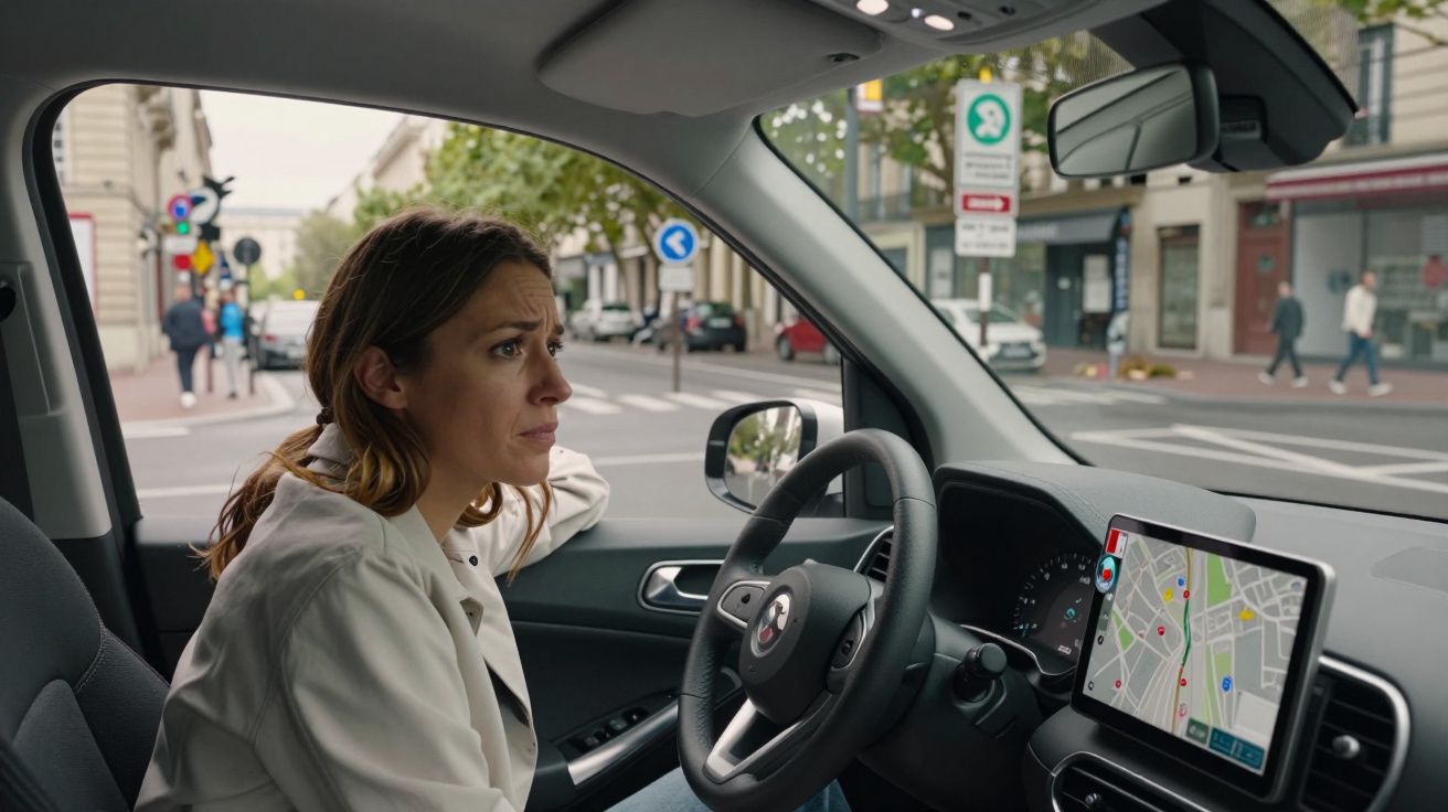 Mujer conduciendo un coche en una ciudad, mirando preocupada hacia una intersección. Navegador GPS visible en el salpicadero.