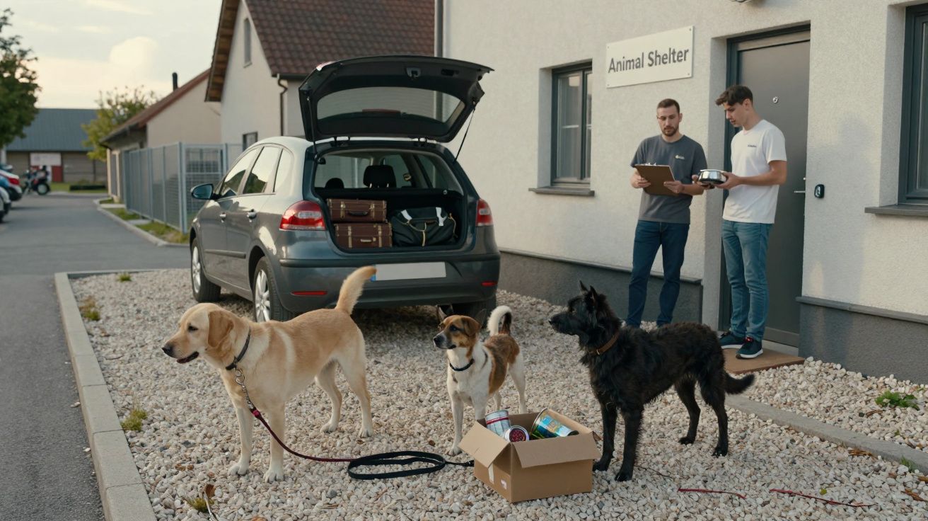 Perros frente a refugio de animales junto a coche con maletero abierto y caja de suministros. Dos hombres afuera.