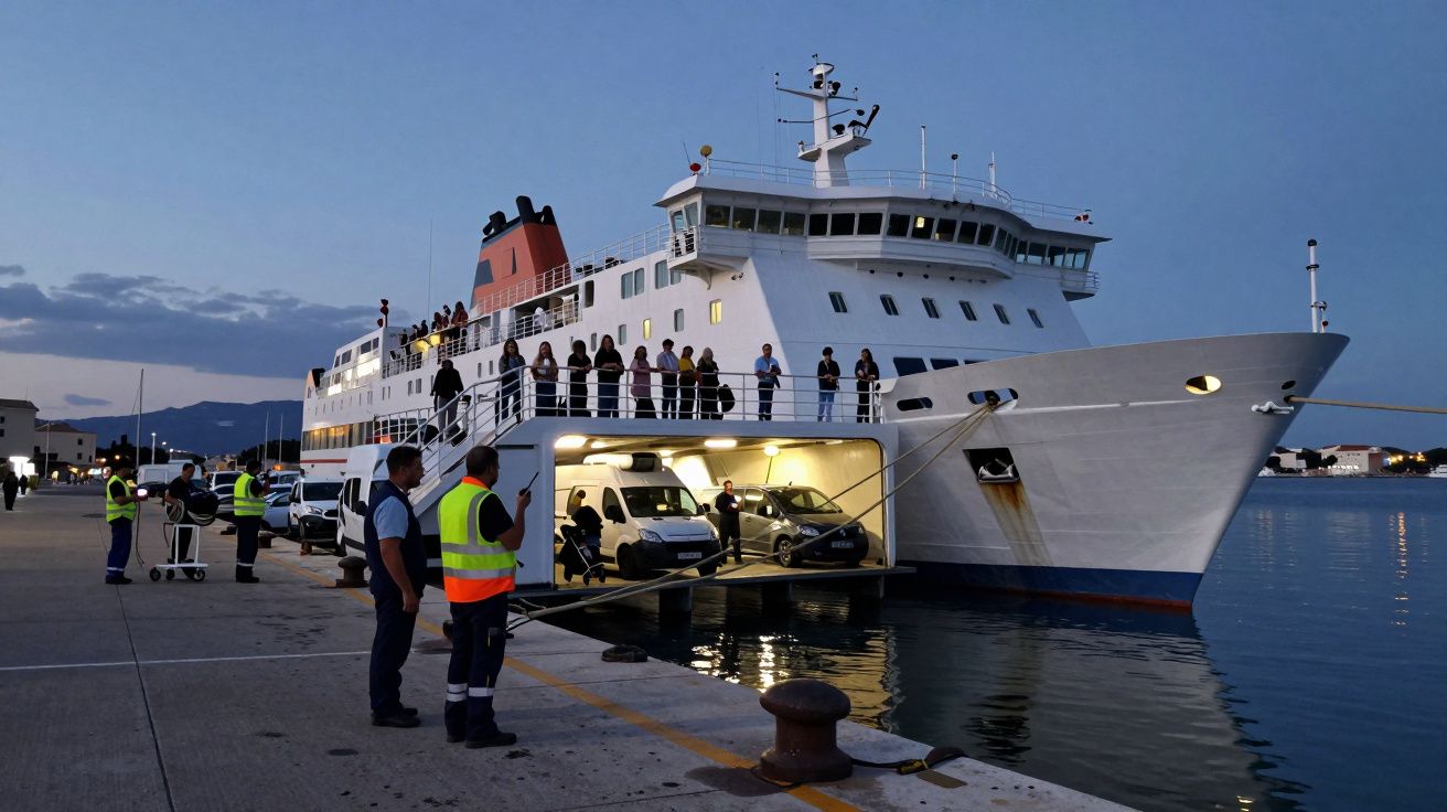 Ferry atracado en el puerto al atardecer, con pasajeros y coches a bordo. Personal con chalecos de seguridad en el muelle.