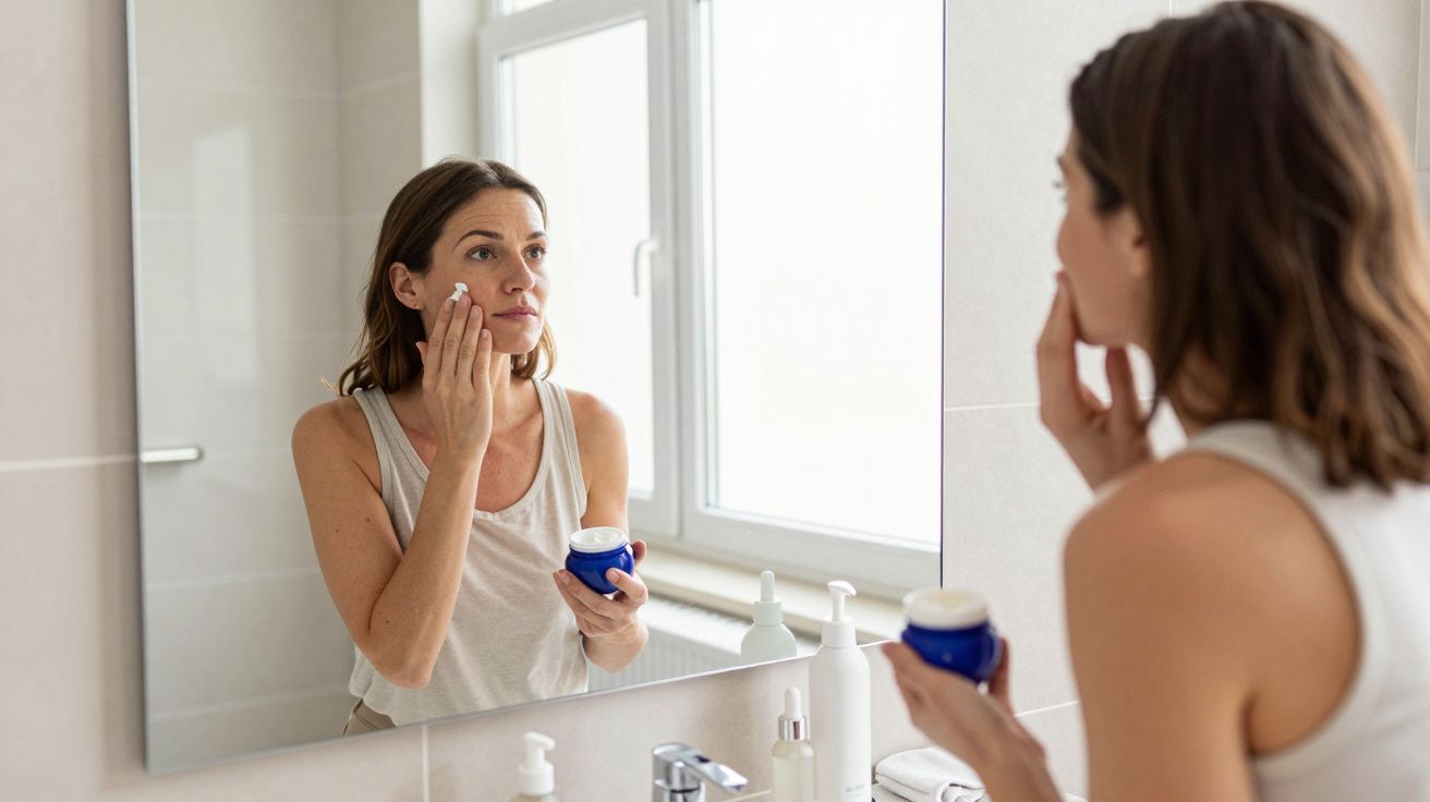 Mujer aplicándose crema facial frente al espejo de un baño, sosteniendo un tarro azul y con frascos en el lavabo.