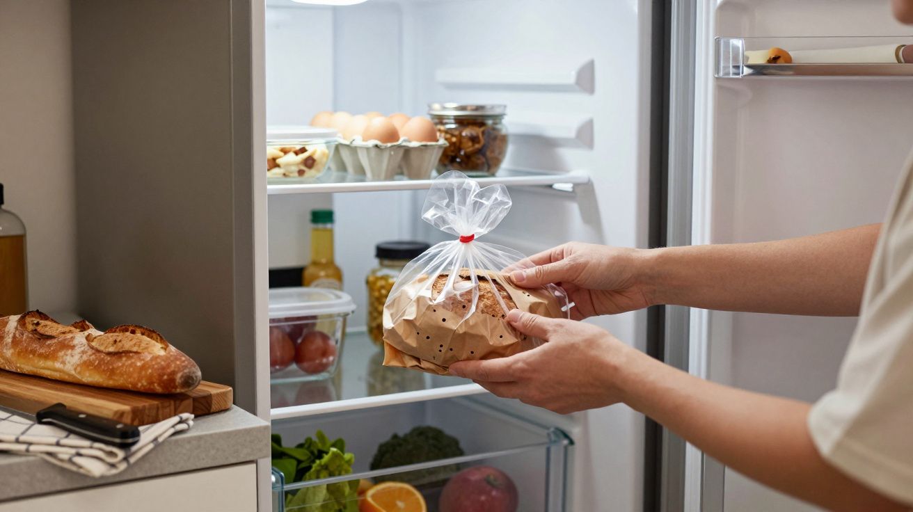 Persona coloca pan en un frigorífico abierto, con huevos y verduras visibles.