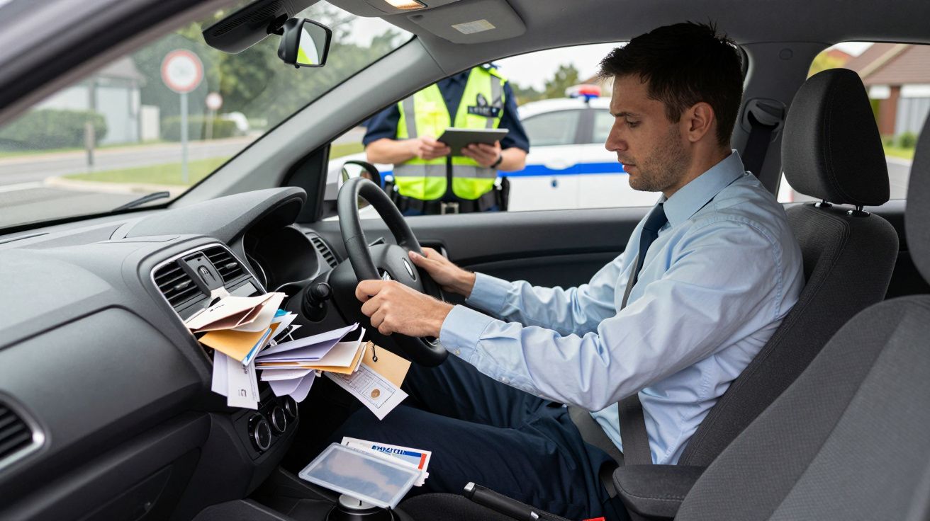 Hombre en coche revisando documentos mientras un policía revisa una libreta afuera.