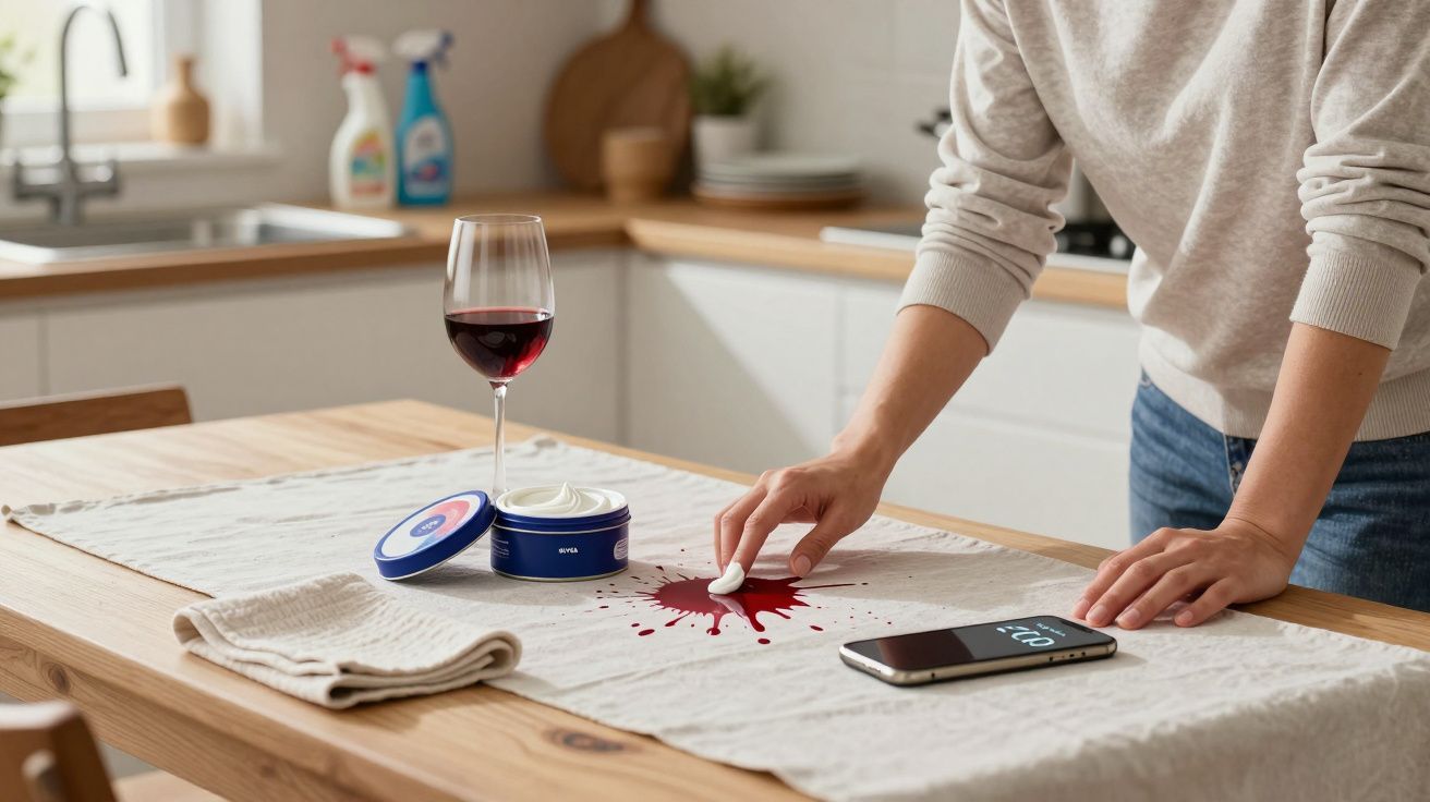 Persona limpiando una mancha de vino tinto sobre un mantel en la cocina, con un móvil y un producto de limpieza cerca.
