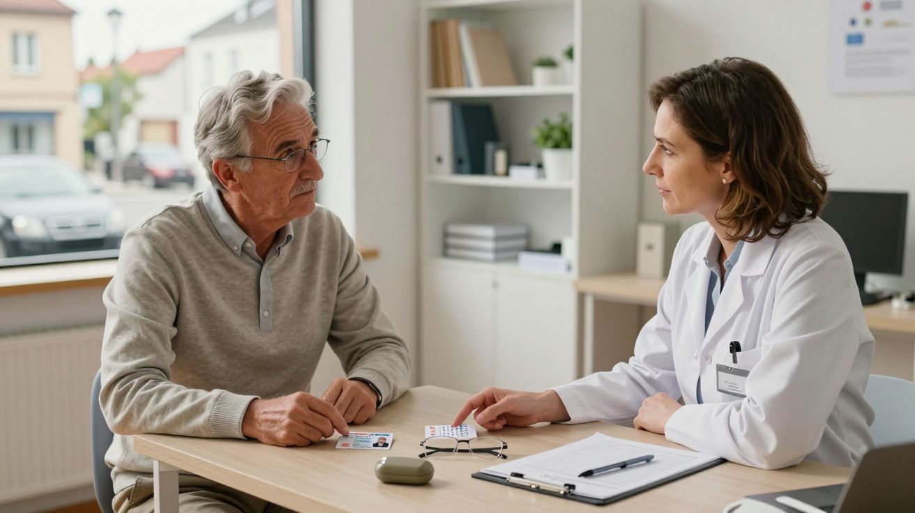 Doctor y paciente mayor conversan en una consulta médica luminosa, con papeles y utensilios sobre la mesa.