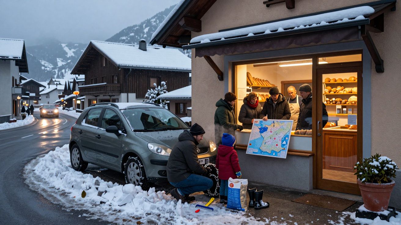 Coche detenido frente a panadería en pueblo nevado, personas comprando pan, hombre ajustando cadenas de nieve, niño observa.