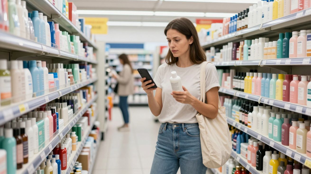 Mujer joven comparando productos en un pasillo de supermercado con su móvil, rodeada de estantes con botellas.