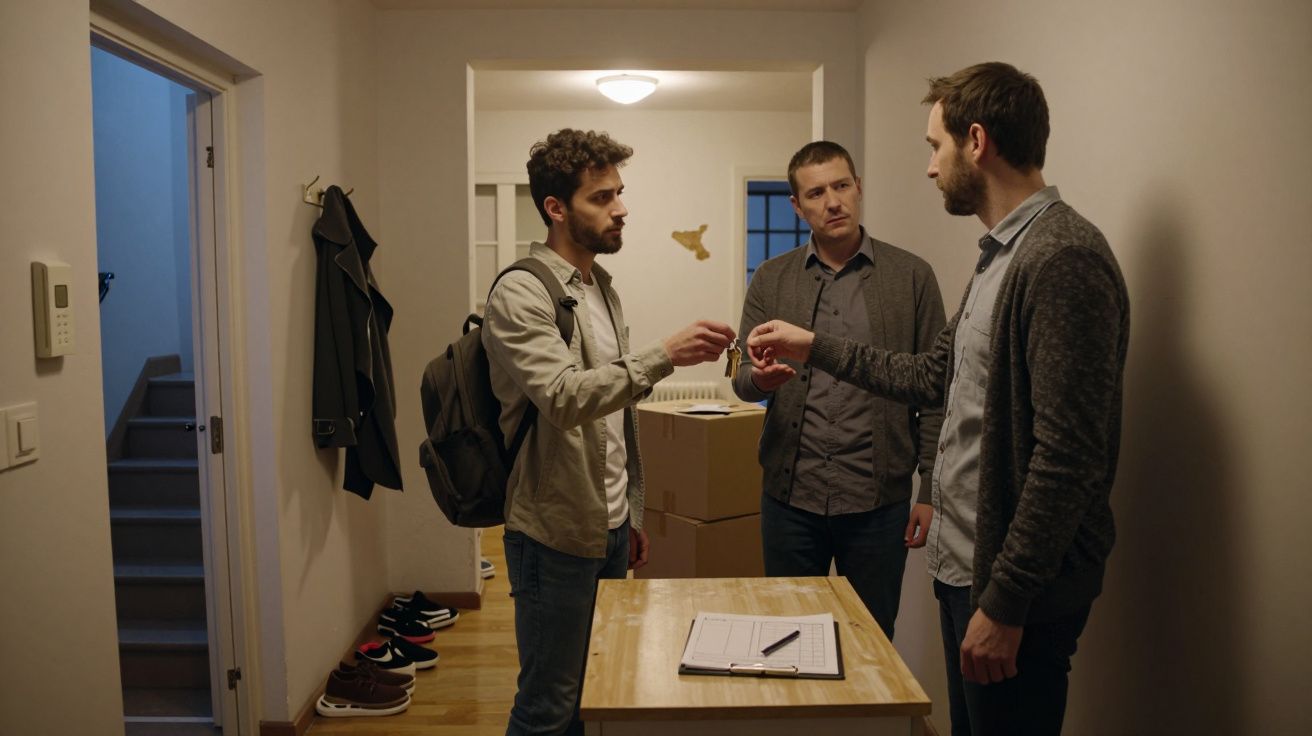 Tres hombres intercambian llaves en un pasillo con cajas y zapatos al fondo.