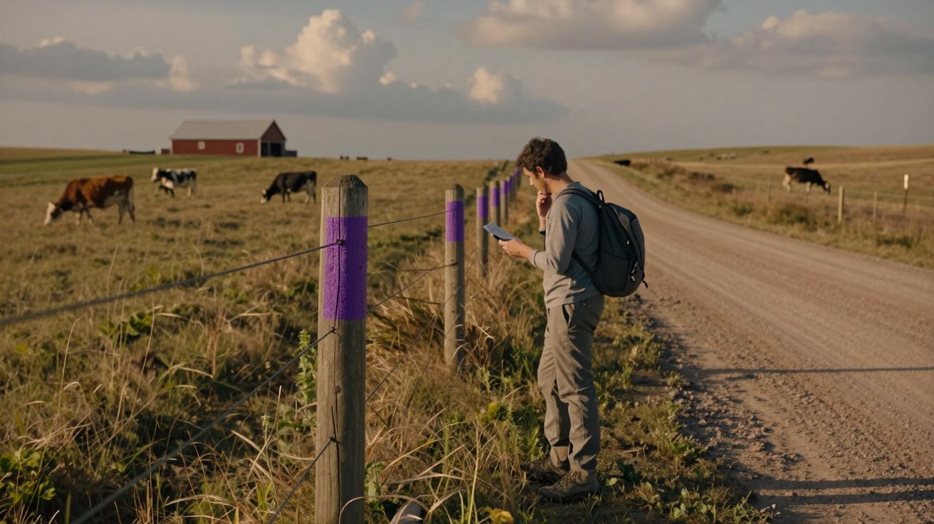 Hombre con mochila consulta mapa cerca de valla en camino rural con vacas pastando y granero rojo al fondo.