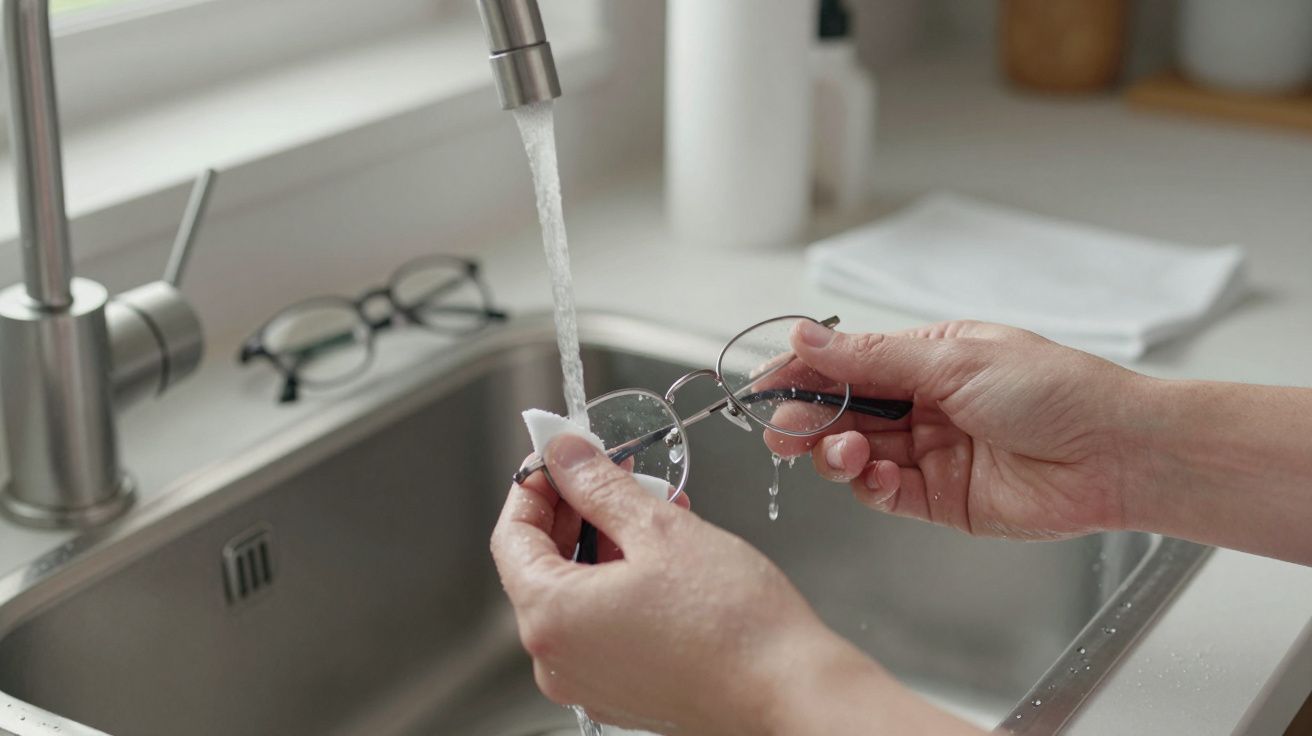 Manos limpiando gafas bajo el grifo de agua en un fregadero de cocina. Otra par de gafas en el fondo.